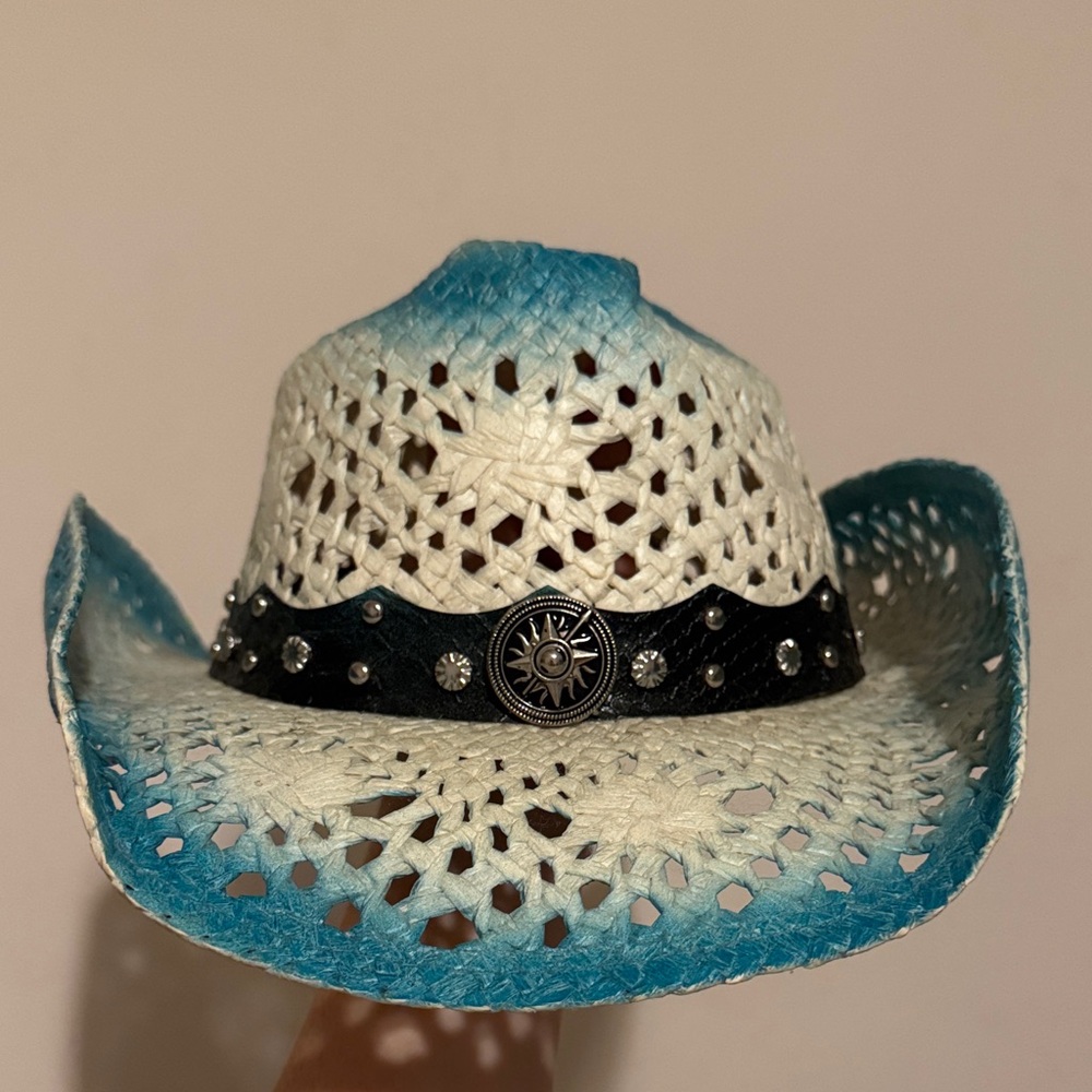 Chic Blue and White Ombre Crochet paper staw Cowboy Hat
